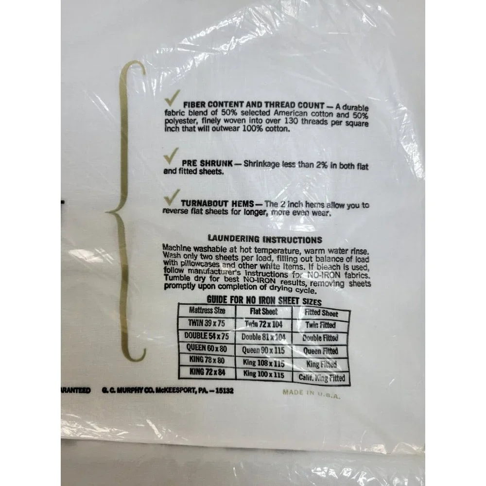 2‎ Vintage NIP Murphy's White Full Flat Sheets 50/50 Cotton Polyester